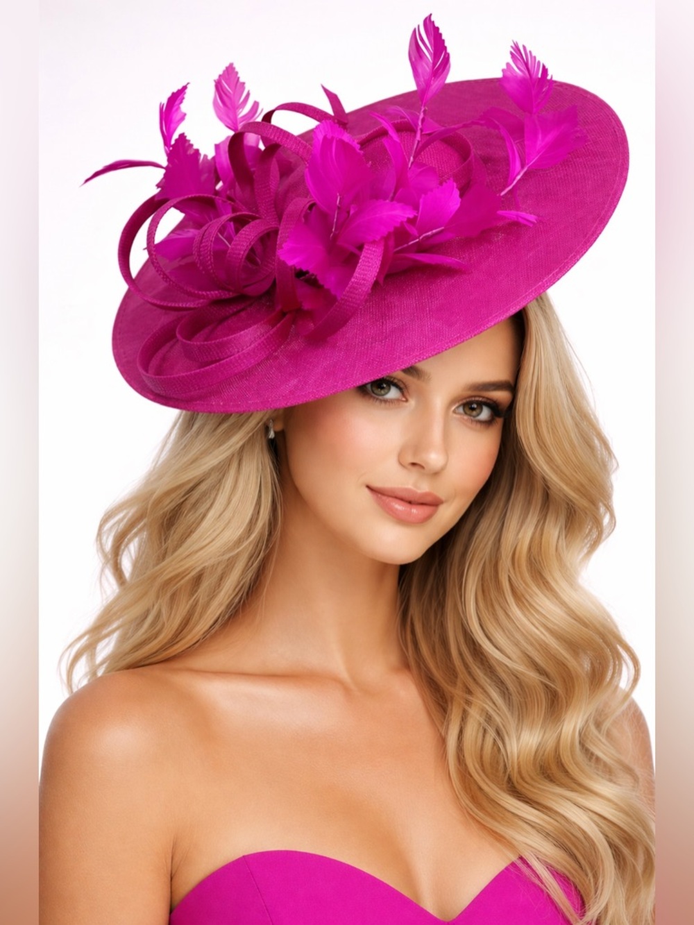Kentucky Derby Party Fuchsia Feathered Sinamay Disc Hat - Women Formal Headwear